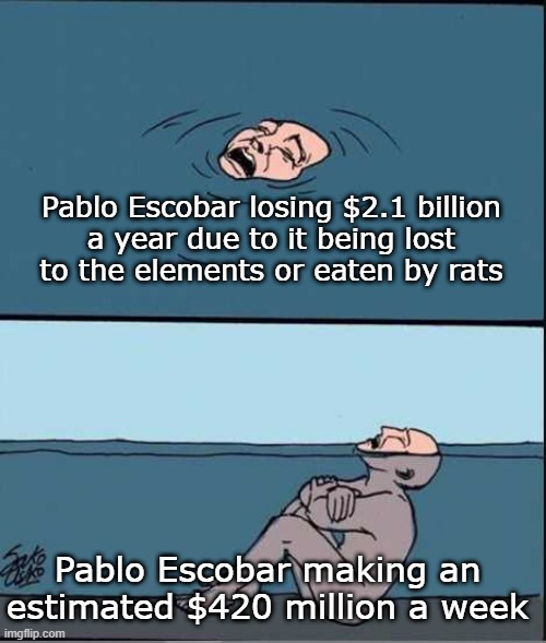yersinia pestis memes - Pablo Escobar losing $2.1 billion a year due to it being lost to the elements or eaten by rats Pablo Escobar making an estimated $420 million a week imgflip.com