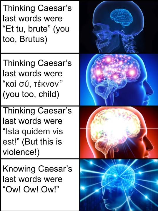 linear equations meme - Thinking Caesar's last words were Et tu, brute you too, Brutus Thinking Caesar's last words were | , you too, child Thinking Caesar's last words were "Ista quidem vis est! But this is violence! Knowing Caesar's last words were "Ow!