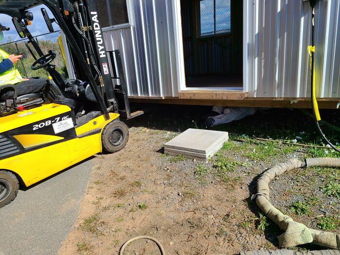 Shed Held Up By A Forklift While Insulating The Floor. Nothin To See Here Folks