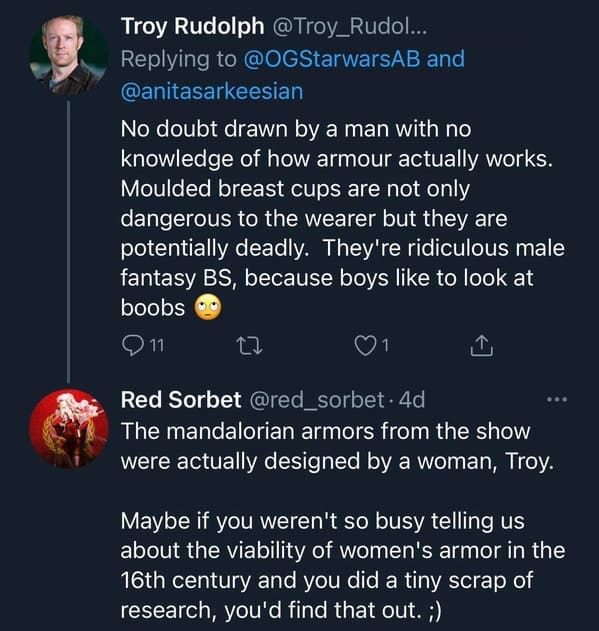 savage comments - atmosphere - Troy Rudolph ... and No doubt drawn by a man with no knowledge of how armour actually works. Moulded breast cups are not only dangerous to the wearer but they are potentially deadly. They're ridiculous male fantasy Bs, becau
