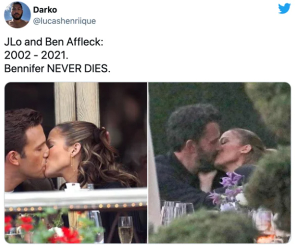 2021 year in review  - bennifer memes - Darko JLo and Ben Affleck 2002 2021. Bennifer Never Dies.