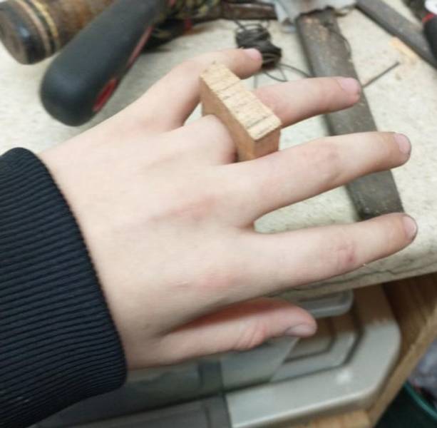 “Was woodworking a ring and checked the size. Now it isn’t coming off.”