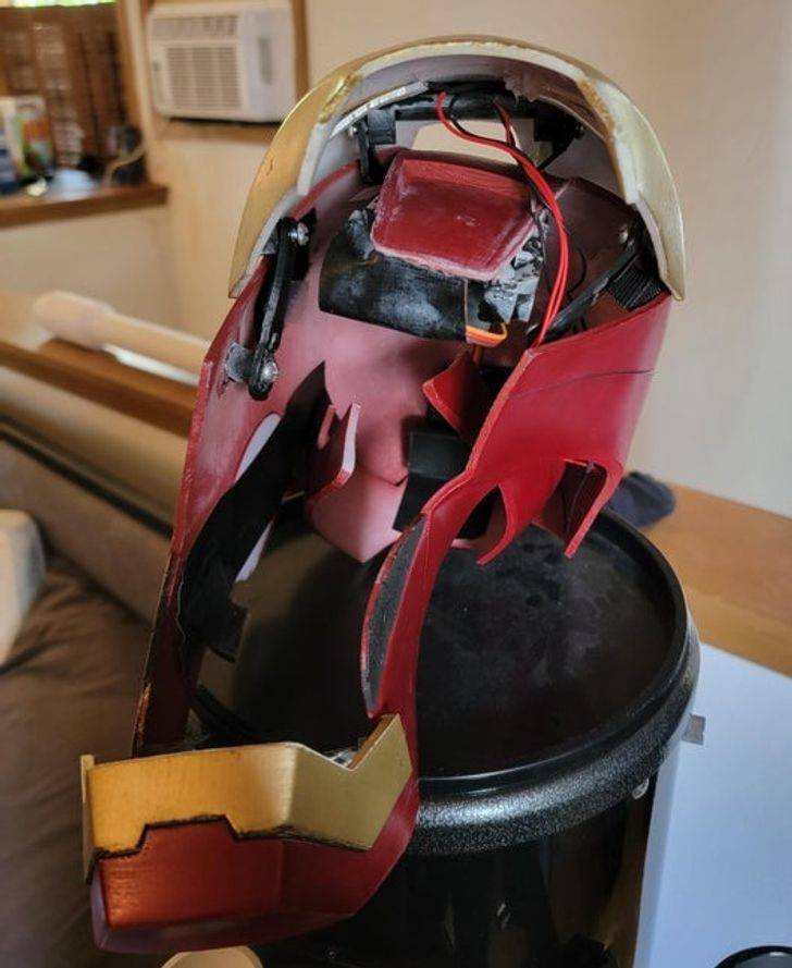 “Spent 2 weeks 3D printing and painting this motorized iron man helmet for Halloween.”