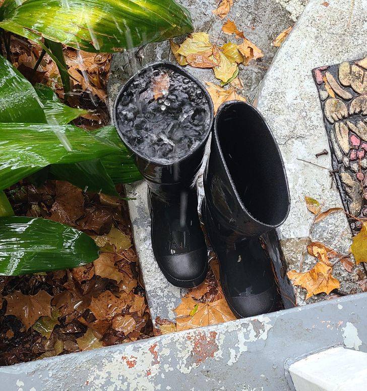 “Got my rain boots from the garage in anticipation of today’s heavy rain. Forgot to bring them inside last night.”