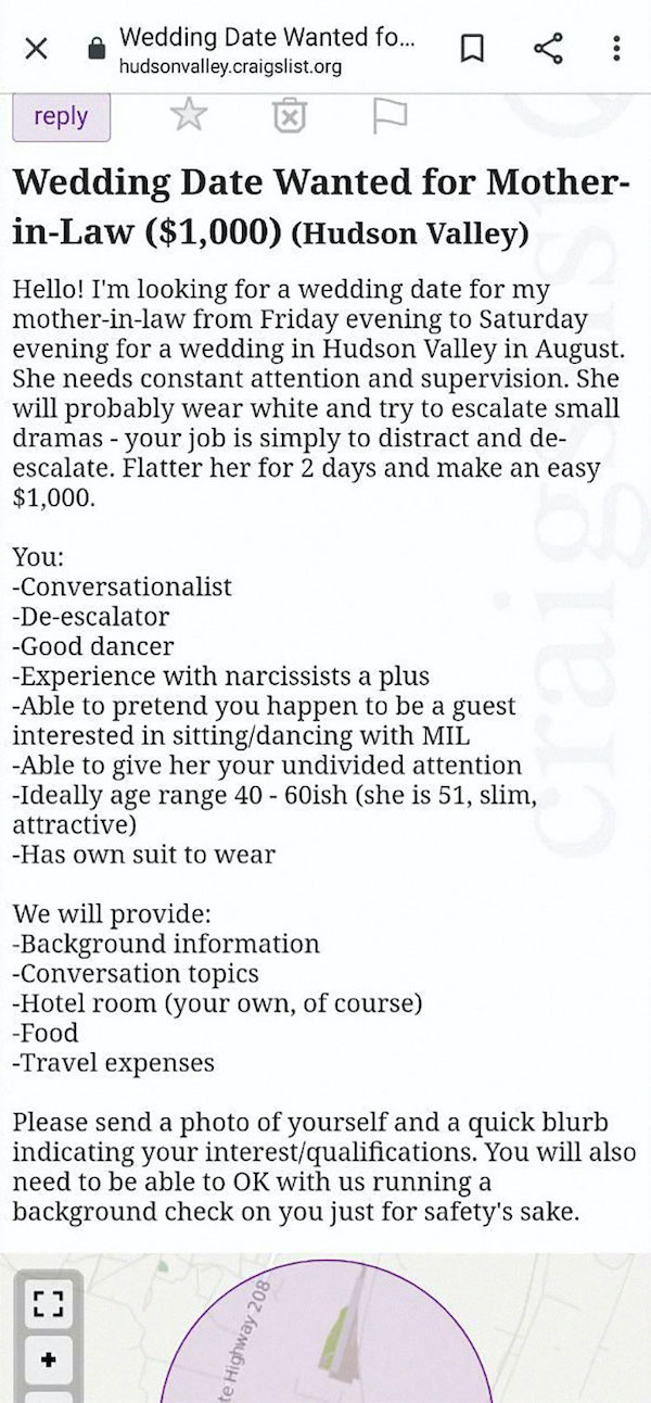 trashy wedding - paper - Wedding Date Wanted fo... hudsonvalley.craigslist.org p Wedding Date Wanted for Mother inLaw $1,000 Hudson Valley Hello! I'm looking for a wedding date for my motherinlaw from Friday evening to Saturday evening for a wedding in Hu