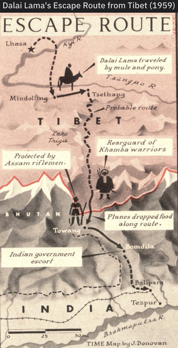 charts and infographs- map - Dalai Lama's Escape Route from Tibet 1959 Escape Route Lhasa Dalai Lama traveled by mule and party Tsehaig Mindaling Prahake route Tibet Rearguard of Khamba warriors Protected by am riflemen Nuta Plunes dropped food along rout