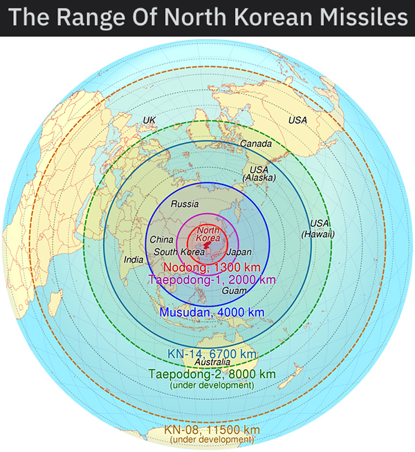 charts and infographs- circle - The Range Of North Korean Missiles Uk Usa Canada Usa Alaska Russia Usa Hawai Nort China Korea South Korea Japan India Nodong1300 km Taepodong1, 2009 km Guam Musudan, 4000 km Kn14, 6700 km Australia Taepodong2, 8000 km under