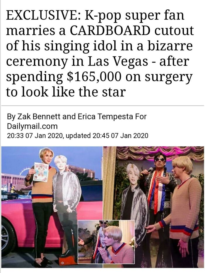 cringe pics - love quotes - Exclusive Kpop super fan marries a Cardboard cutout of his singing idol in a bizarre a ceremony in Las Vegas after spending $165,000 on surgery to look the star By Zak Bennett and Erica Tempesta For Dailymail.com , updated M Th
