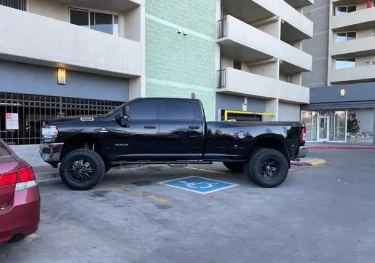 "Dude blocked three parking spaces which also happened to be: an emergency vehicle space, a handicap space, and a 10 min space for delivery drivers."