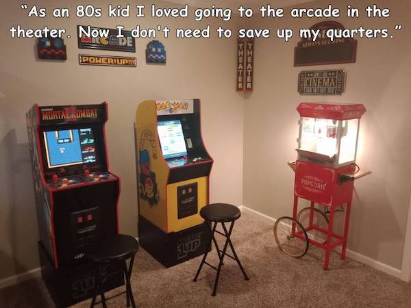 video game arcade cabinet - "As an 80s kid I loved going to the arcade in the theater. Now I don't need to save up my quarters." Det Poweriupe Aa Tt Ee Rr Go Elinemas Bogel Murtalikumbat 11 Yopcorn Lg Eup