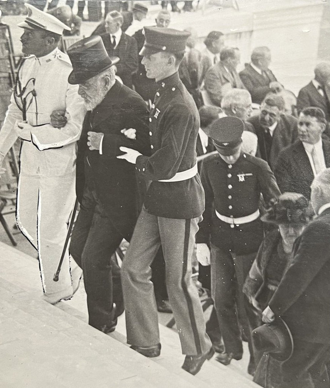 78-year-old Robert T. Lincoln (son of Abraham Lincoln) is helped up the steps at the dedication of the Lincoln Memorial in Washington D.C. – 1922