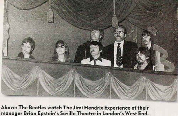 Picture of the Beatles watching Jimi Hendrix performing live at Brian Epstein’s Saville Theatre, London on January 29, 1967, three days after Sgt. Peppers was released