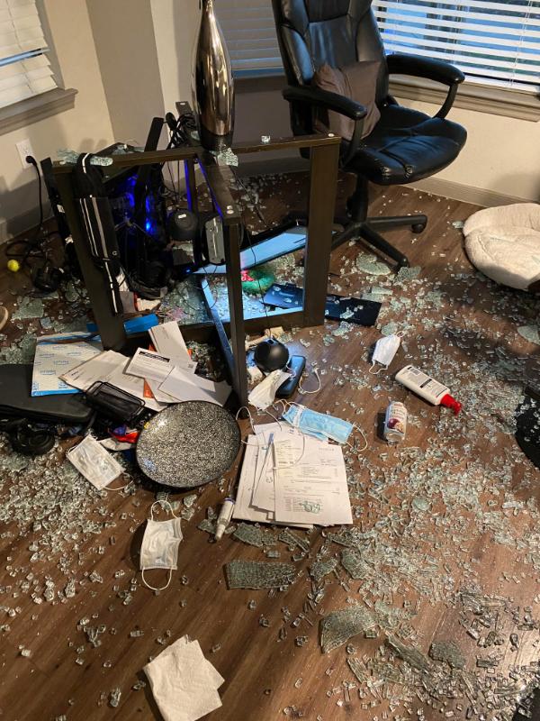“Table shattered while I was laying in bed in another room. At least the vase survived.”