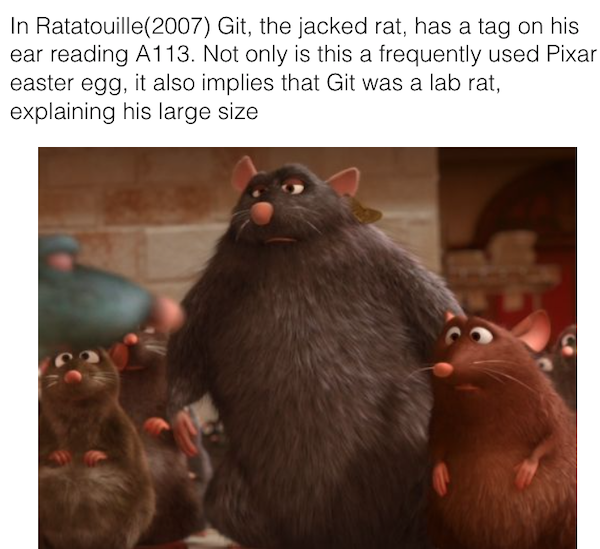 movie details - easter eggs - git ratatouille - In Ratatouille2007 Git, the jacked rat, has a tag on his ear reading A113. Not only is this a frequently used Pixar easter egg, it also implies that Git was a lab rat, explaining his large size