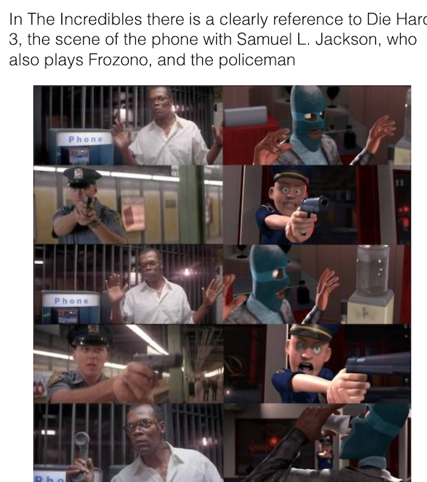 movie details - easter eggs - die hard 3 phone - In The Incredibles there is a clearly reference to Die Hard 3, the scene of the phone with Samuel L. Jackson, who also plays Frozono, and the policeman Phne Phan