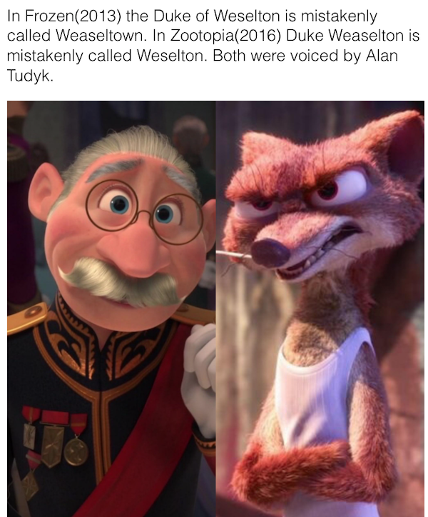 movie details - easter eggs - duke weaselton - In Frozen2013 the Duke of Weselton is mistakenly called Weaseltown. In Zootopia 2016 Duke Weaselton is mistakenly called Weselton. Both were voiced by Alan Tudyk. 18