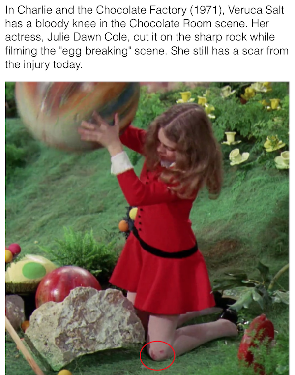 movie details - easter eggs - rule of wolves fanart - In Charlie and the Chocolate Factory 1971, Veruca Salt has a bloody knee in the Chocolate Room scene. Her actress, Julie Dawn Cole, cut it on the sharp rock while filming the "egg breaking scene. She s