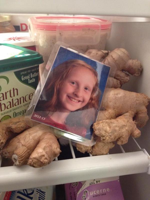 My friend’s red-haired daughter has a self-deprecating sense of humor, she put this in the fridge.
