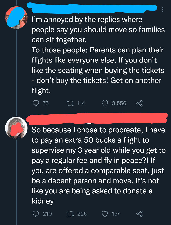 screenshot - I'm annoyed by the replies where people say you should move so families can sit together. To those people Parents can plan their flights everyone else. If you don't the seating when buying the tickets don't buy the tickets! Get on another fli