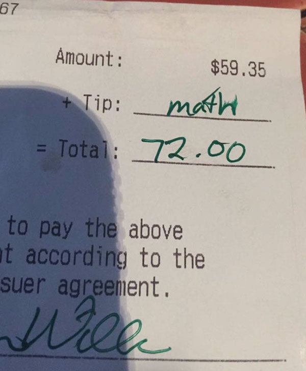 laziest people - lazy people - handwriting - 67 Amount $59.35 Tip _math Total 72.00 to pay the above at according to the suer agreement. Will