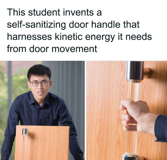 clever designs - alliteration - This student invents a selfsanitizing door handle that harnesses kinetic energy it needs from door movement