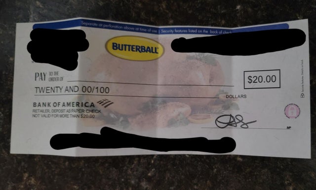 unlucky people - funny fails - label - Seperate a perforation abowe a ne of use Security forces lived on the back of chee Butterball Pay Ordero $20.00 Twenty And 00100 Bank Of America Dollars Retaler Depostas Paper Check Not Vald For More Than $20.00