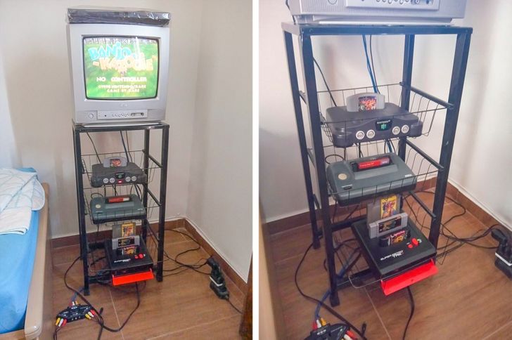 “Could not find a decent tv rack for my consoles so I modified (slightly) a fruit rack.”