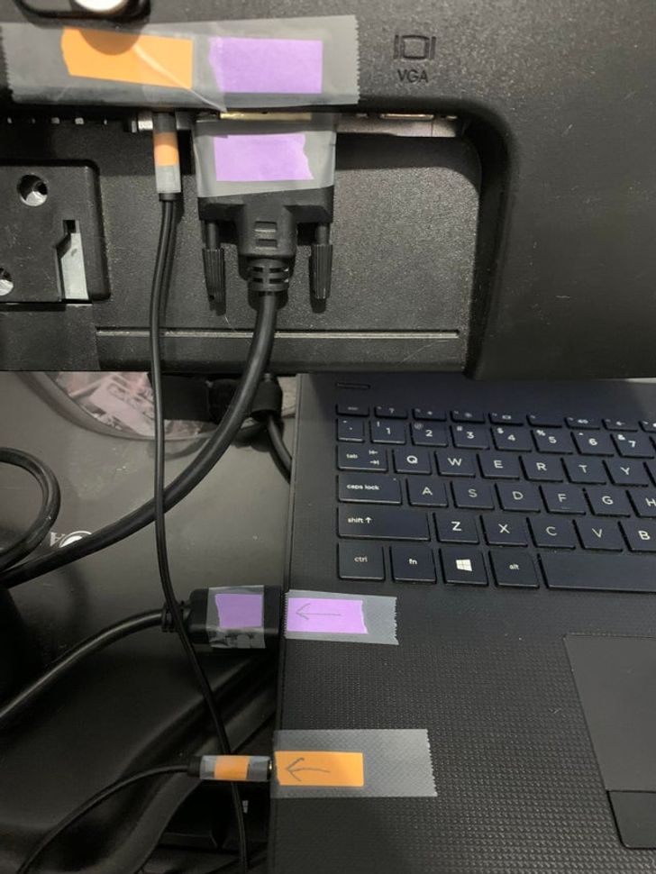 My mom has bad eyesight and she can never get the connections right, so I cut colored post it notes and put arrows next to the plug in.