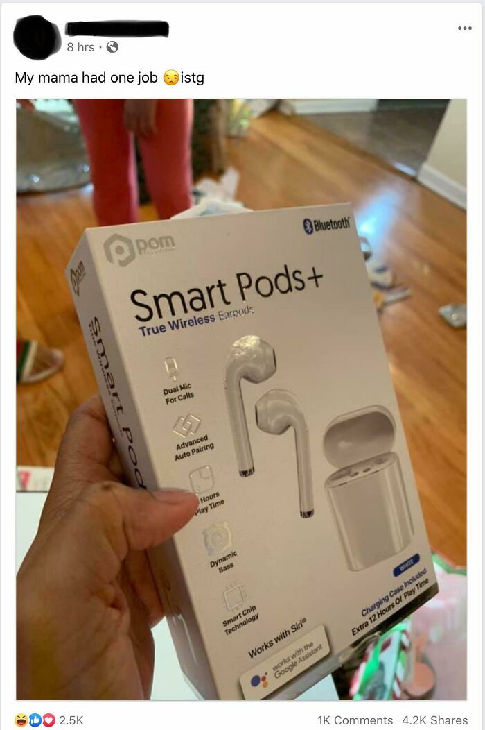 bad people - christmas - fake airpods twitter - .. 8 hrs. My mama had one job istg Bluetooth pom Smart Pods True Wireless Earpods Dual Mic For Calls Smart Poo Advanced Auto Pairing Hours Play Time Dynamic Bass Ante Smart Chip Technology Charging Case hold