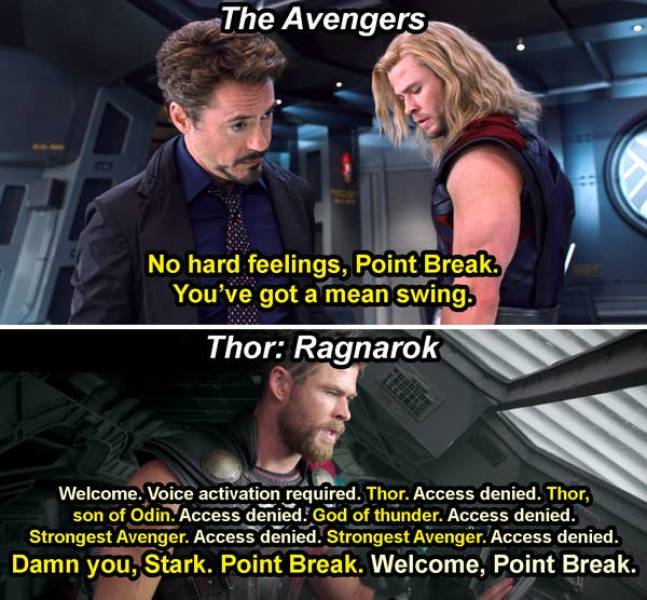 marvel references - The Avengers m No hard feelings, Point Break. You've got a mean swing. Thor Ragnarok Welcome. Voice activation required. Thor. Access denied. Thor, son of Odin. Access denied. God of thunder. Access denied. Strongest Avenger. Access de
