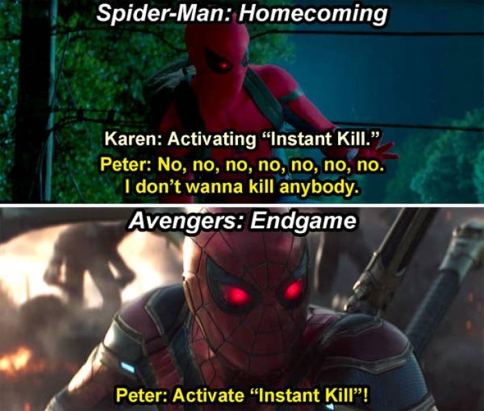 instant kill avengers endgame spiderman - SpiderMan Homecoming Karen Activating "Instant Kill." Peter No, no, no, no, no, no, no. I don't wanna kill anybody. Avengers Endgame Peter Activate "Instant Kill!