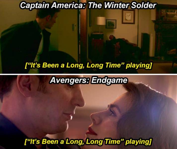 avenger callbacks - Captain America The Winter Solder "It's Been a Long, Long Time" playing Avengers Endgame "It's Been a Long, Long Time" playing