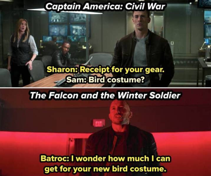 conversation - Captain America Civil War Sharon Receipt for your gear. Sam Bird costume? The Falcon and the Winter Soldier Ent Batroc I wonder how much I can get for your new bird costume.