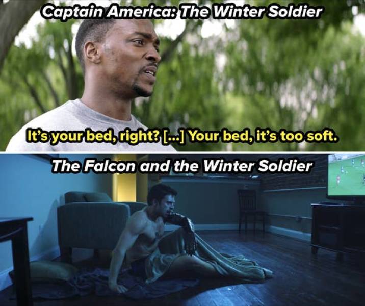 photo caption - Captain America The Winter Soldier It's your bed right ... Your bed, it's too soft. The Falcon and the Winter Soldier