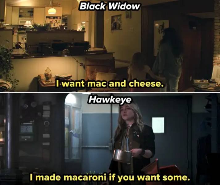 video - Black Widow I want mac and cheese. Hawkeye I made macaroni if you want some.