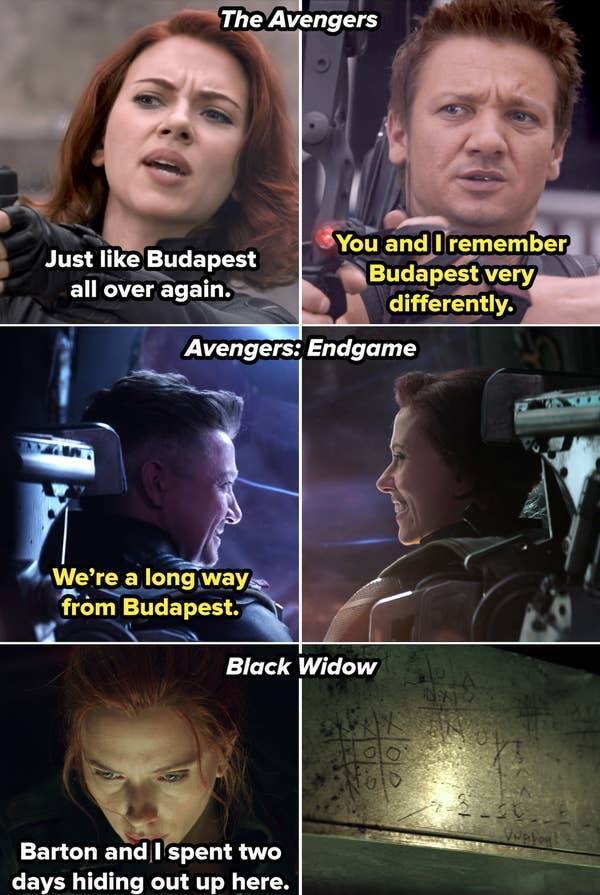 photo caption - The Avengers You and I remember Just Budapest all over again. Budapest very differently. Avengers Endgame We're a long way from Budapest. Black Widow Go 010 Vuelon Barton and I spent two days hiding out up here.
