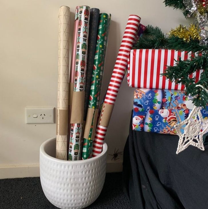 Use old cardboard rolls to keep wrapping paper tidy.
