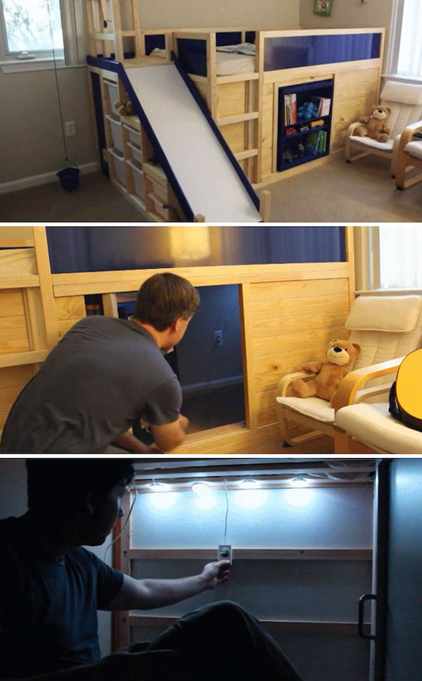 Dad creates an awesome bed with a secret room for his son