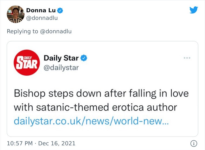 bizarre headlines - web page - Donna Lu Daily Star Daily Star Bishop steps down after falling in love with satanicthemed erotica author dailystar.co.uknewsworldnew...