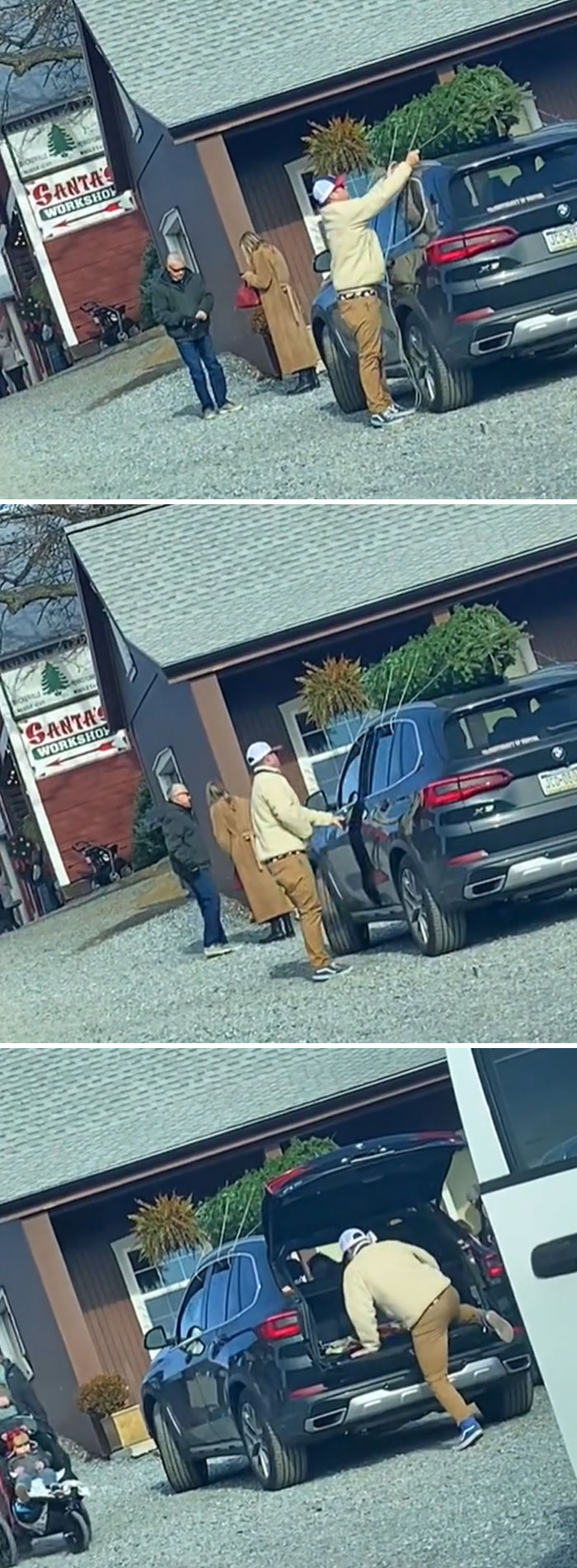 Man Tying A Christmas Tree To The Roof, Tied Doors Too