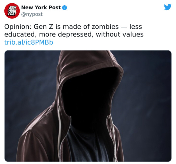 wtf news headlines - neck - New New York Post Post York Opinion Gen Z is made of zombies less educated, more depressed, without values trib.alic8PMBb