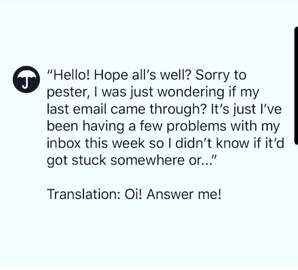 document - Hello! Hope all's well? Sorry to pester, I was just wondering if my last email came through? It's just I've been having a few problems with my inbox this week so I didn't know if it'd got stuck somewhere or..." Translation Oi! Answer me!