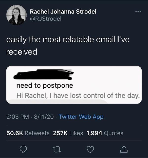 lost control email meme - Rachel Johanna Strodel easily the most relatable email I've received need to postpone Hi Rachel, I have lost control of the day. 81120 Twitter Web App 1,994 Quotes 27