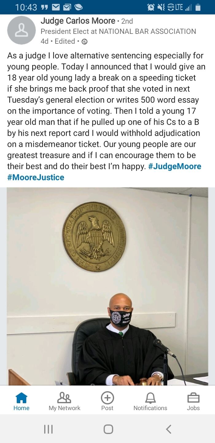 times justice was served  - media - 3 Q E Volte Lte 10 Judge Carlos Moore 2nd & President Elect at National Bar Association 4d. Edited. As a judge I love alternative sentencing especially for young people. Today I announced that I would give an 18 year ol