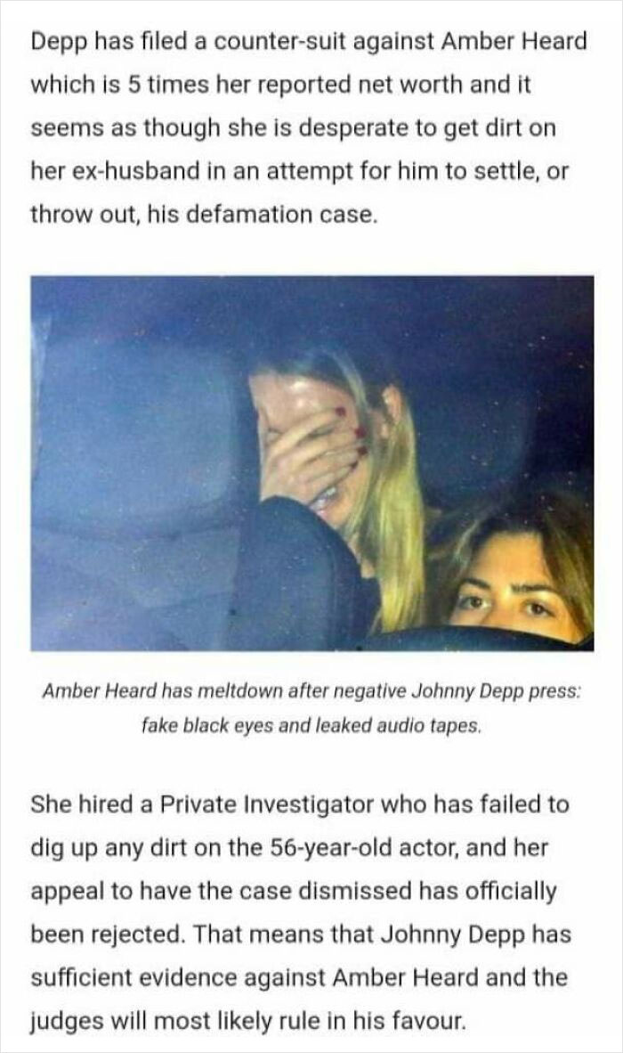 times justice was served  - amber heard johnny depp case reddit - Depp has filed a countersuit against Amber Heard which is 5 times her reported net worth and it seems as though she is desperate to get dirt on her exhusband in an attempt for him to settle