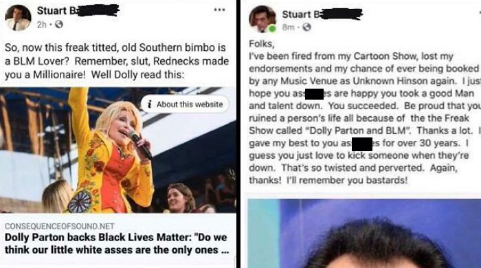 times justice was served  - media - Stuart Be 2h. So, now this freak titted, old Southern bimbo is a Blm Lover? Remember, slut, Rednecks made you a Millionaire! Well Dolly read this Stuart B 8m. Folks, I've been fired from my Cartoon Show, lost my endorse