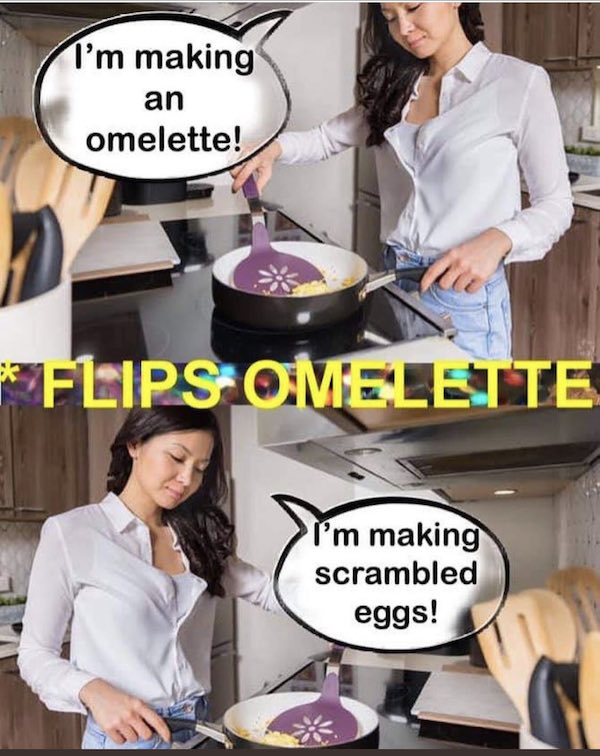omelette meme - I'm making an omelette! Flips Omelette I'm making scrambled eggs!