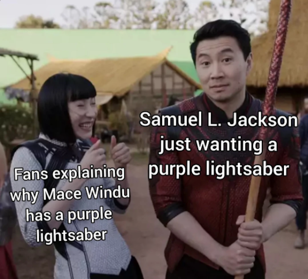meng er zhang and simu liu - Samuel L. Jackson just wanting a Fans explaining purple lightsaber why Mace Windu has a purple lightsaber