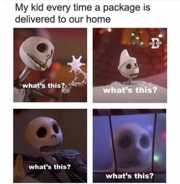 nightmare before christmas - My kid every time a package is delivered to our home The Dad what's this? what's this? what's this? what's this?