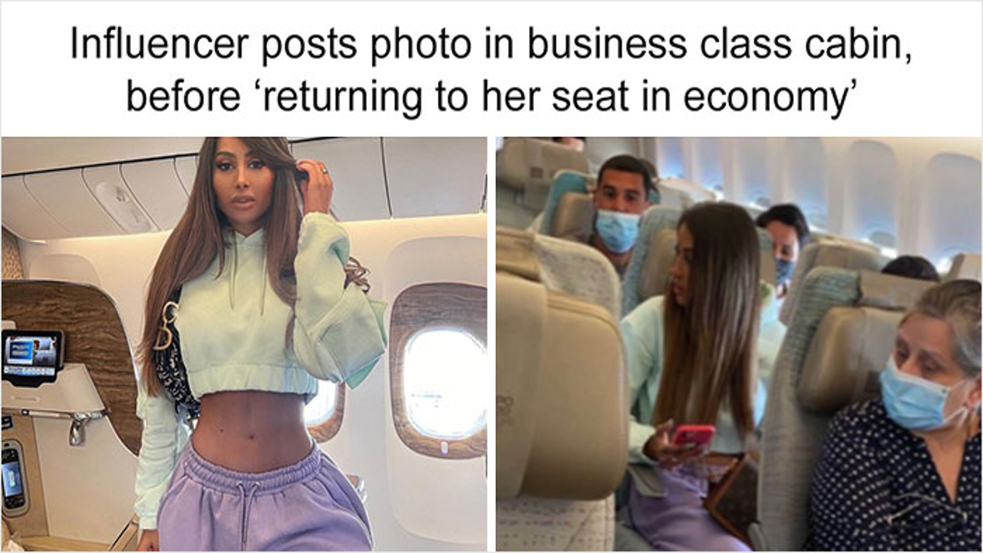 dystopian society things - business class flight - Influencer posts photo in business class cabin, before 'returning to her seat in economy
